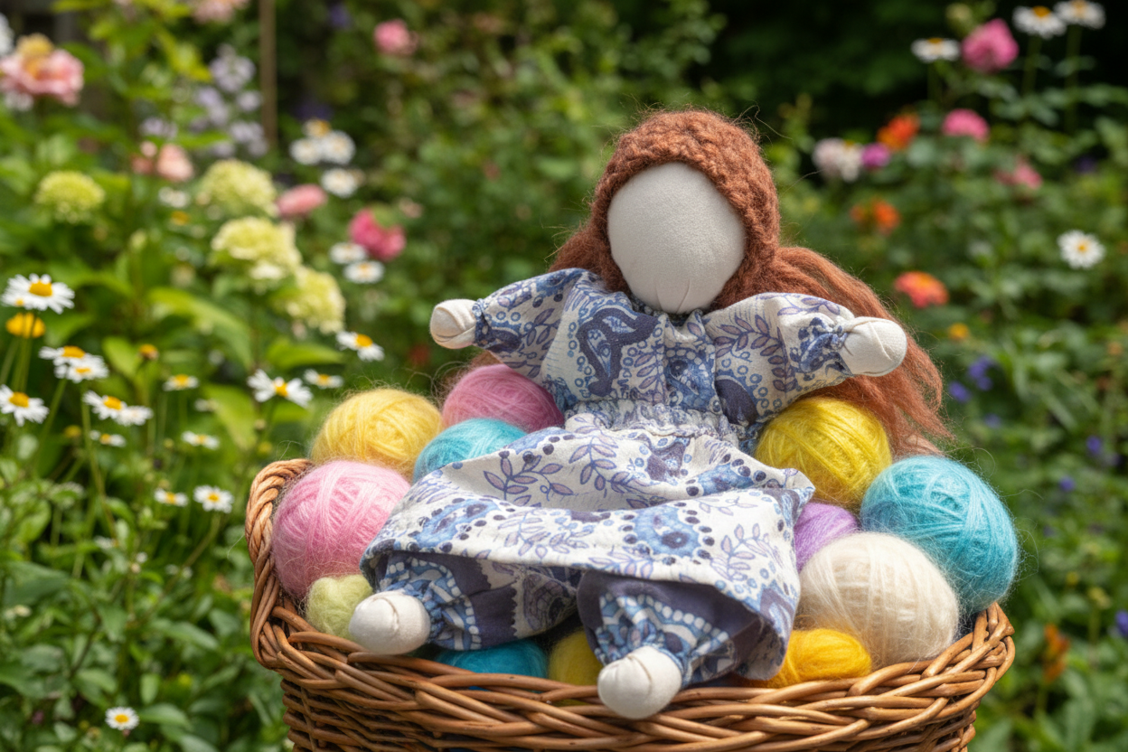 Stuffed doll with a floral dress and brown hair on a dark surface