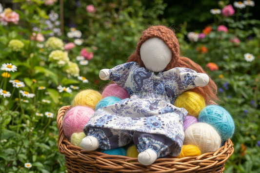 Stuffed doll with a floral dress and brown hair on a dark surface