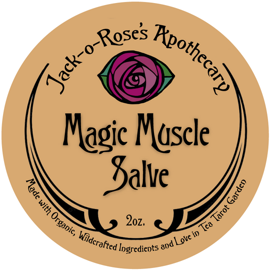 Label for Jack-o-Rose's Apothecary Magic Muscle Salve with a purple rose design.