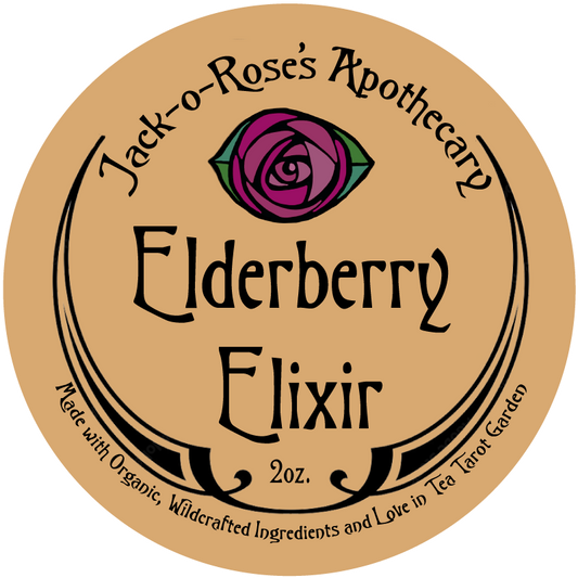 Label for Jack-o-Rose's Apothecary Elderberry Elixir with a purple rose on a brown background.