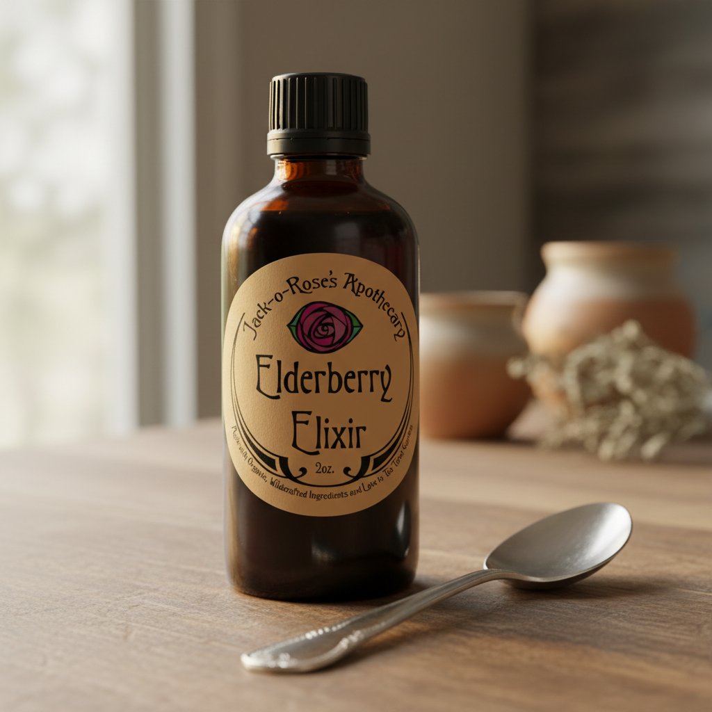 Bottle of Jack-o-Roses Elderberry Elixir with a spoon on a wooden surface