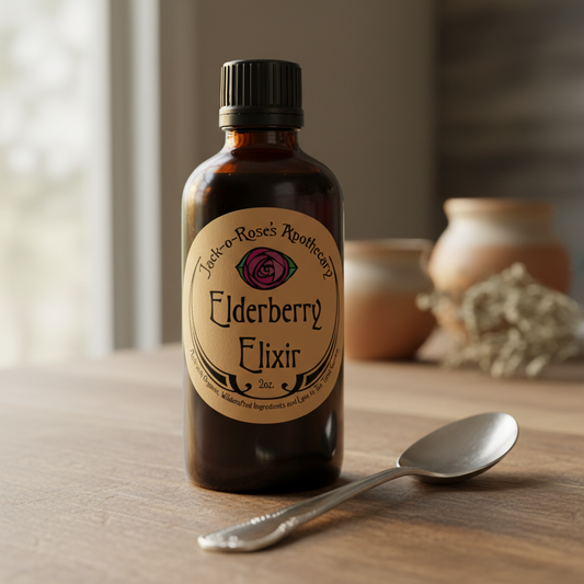 Bottle of Jack-o-Roses Elderberry Elixir with a spoon on a wooden surface