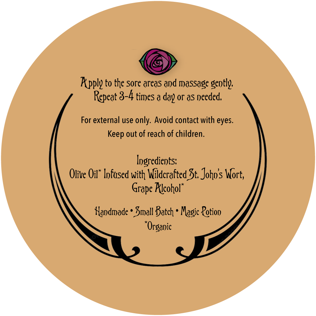 Back label with black text instructions and ingredients, plus a small rose illustration at the top, shown on a tan background.