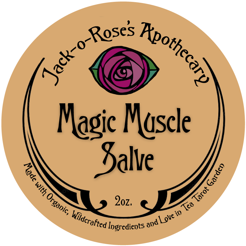 Label for Jack-o-Rose's Apothecary Magic Muscle Salve with a purple rose design.