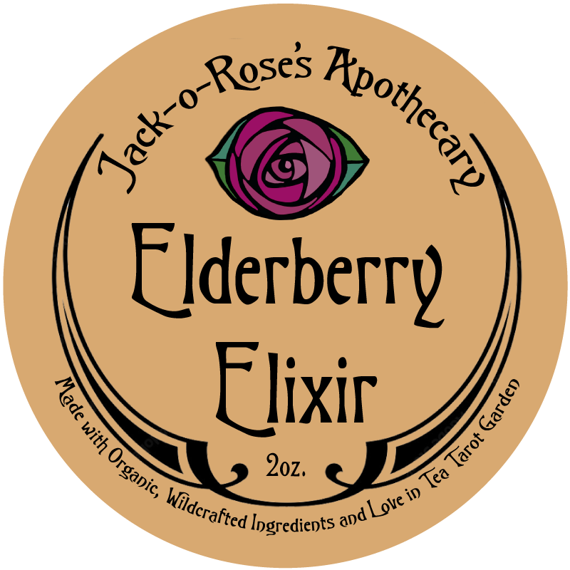 Label for Jack-o-Rose's Apothecary Elderberry Elixir with a purple rose on a brown background.