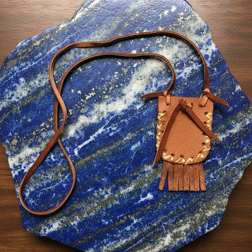 Mojo-hand-pouch-handmade | sienna leather on a lapis lazuli slab