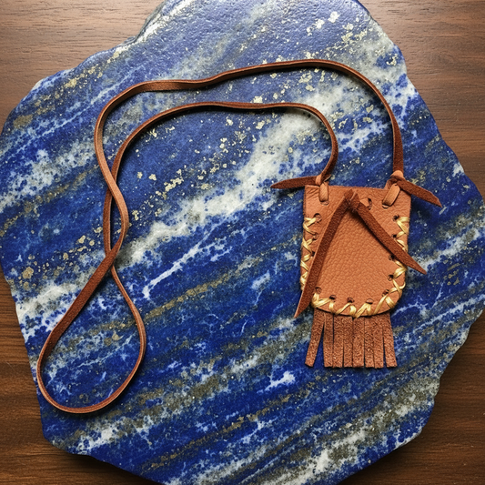 Mojo-hand-pouch-handmade | sienna leather on a lapis lazuli slab