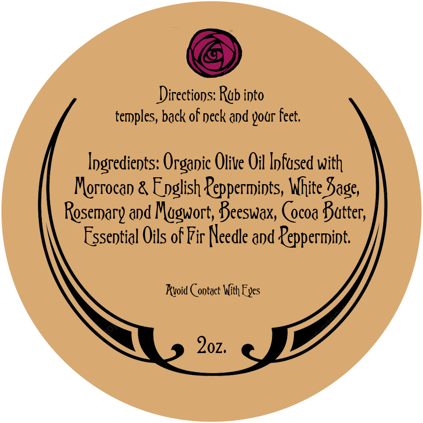 Natty-Ledas-Peppermint-Balm-back  label with directions and ingredients text and a rose on a beige circle background.