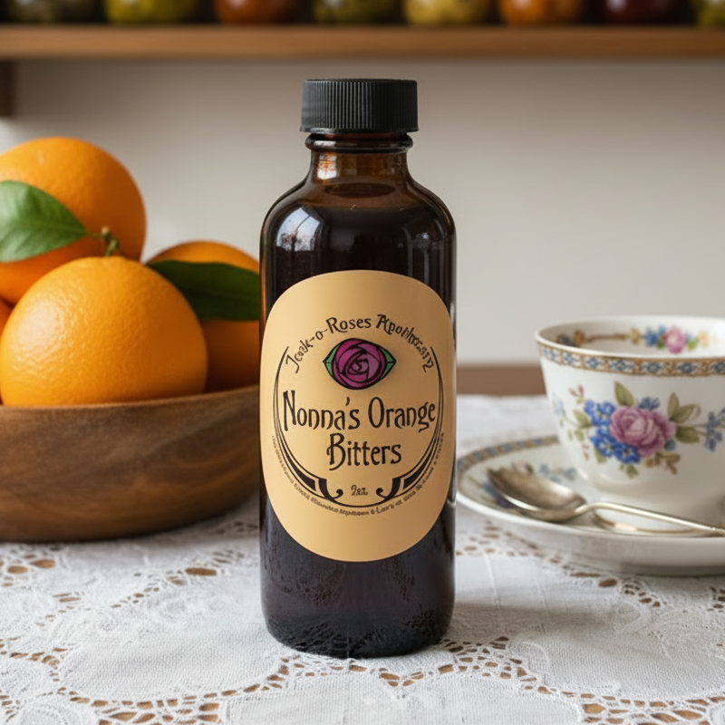 A dark amber glass bottle of Noona's Orange Bitters with a black cap.
